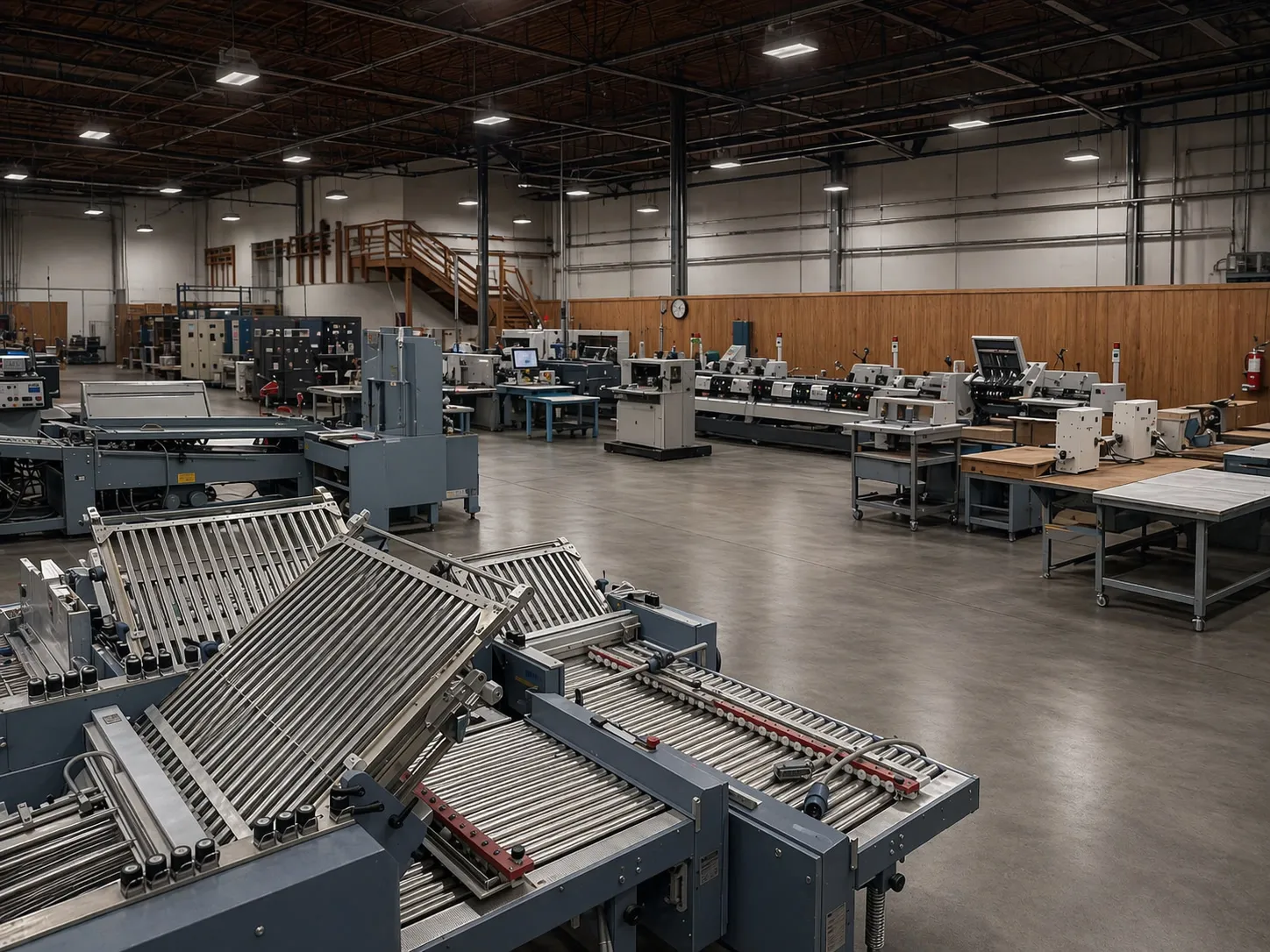 Folding and binding equipment on the Puget Bindery production floor in Kent, Washington