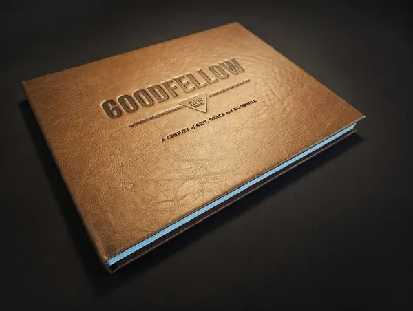 Hardcover book with foil-stamped cover lying open