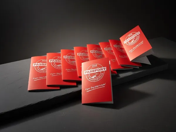 Saddle-stitched booklets fanned out on a table